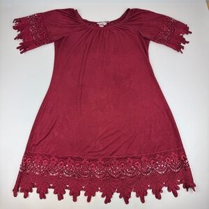 Vintage Jody California Size XL Faux Suede Lace Trim Dress Red Made in USA